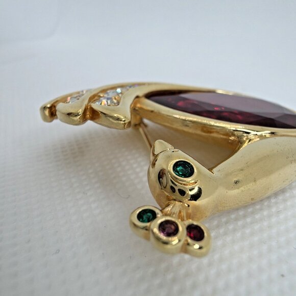Swarovski Retired Peacock Brooch Vintage Gold Tone Red Crystal Swan Signed Rare - Picture 5 of 10